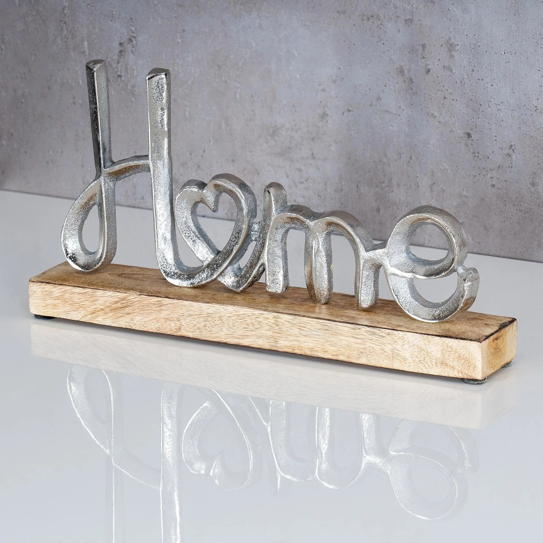 Deko-Schriftzug „Home“ – Metall & Mangoholz, 17 × 11 × 5 cm